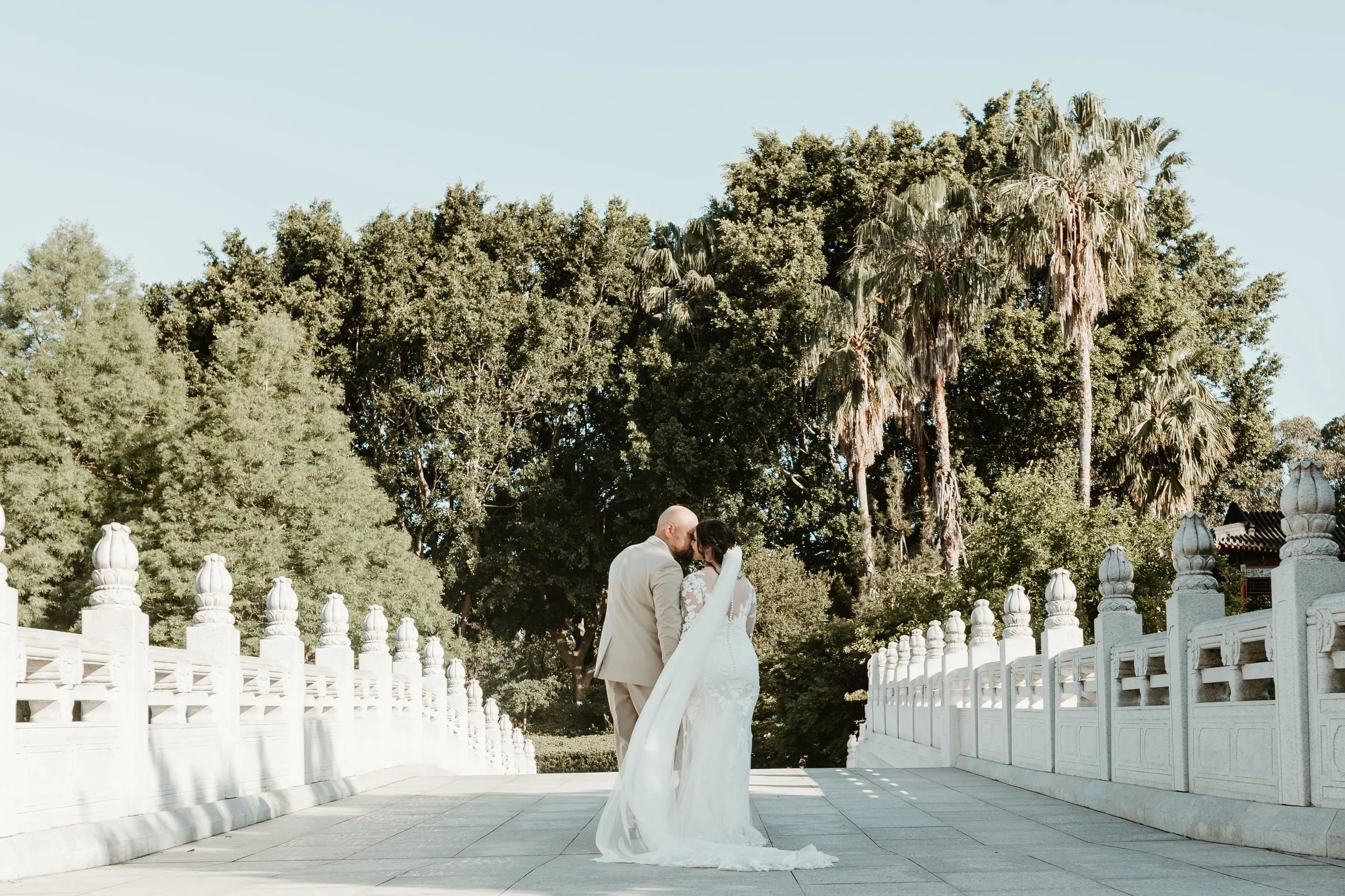 Bride and groom on a white bridge between tall trees
